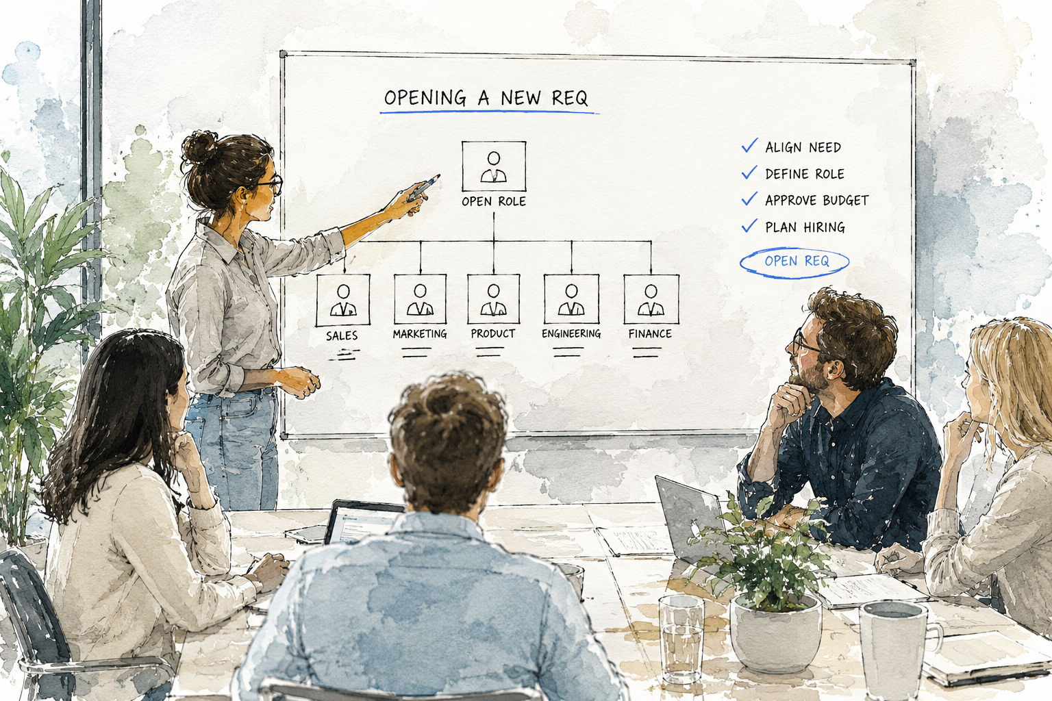 Leadership team reviewing a hiring org chart